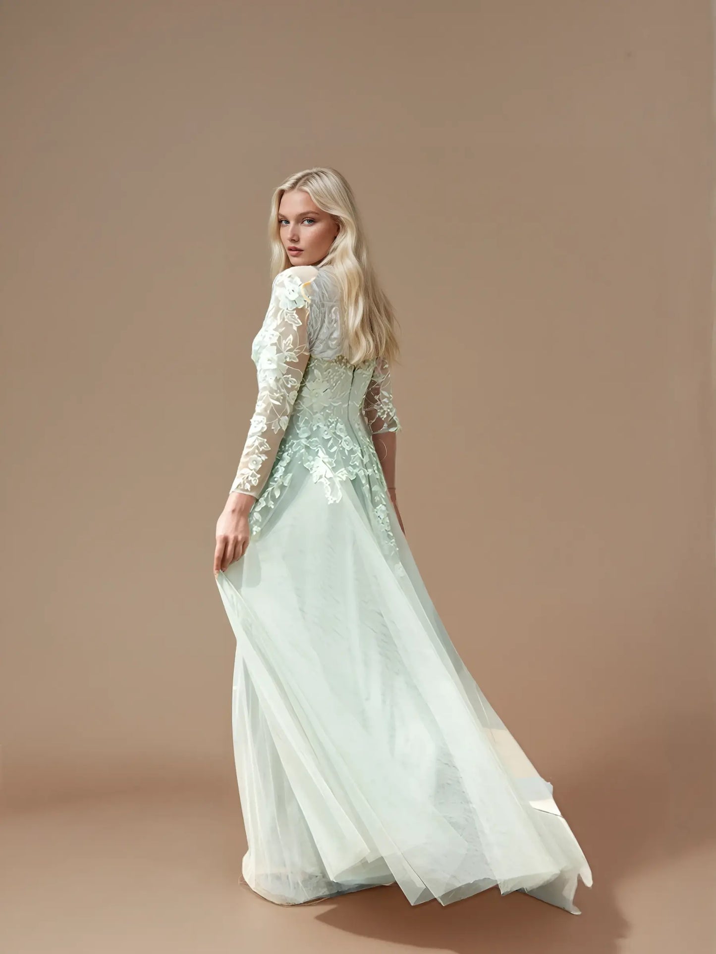 Full-Sleeve Embroidered Evening Dress