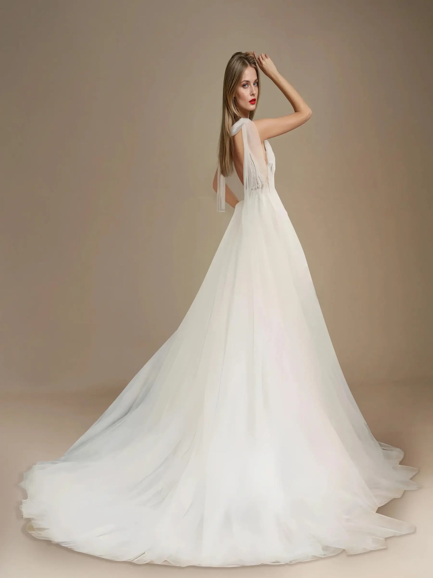 Evelisse Royal Flare-Sleeve Gown