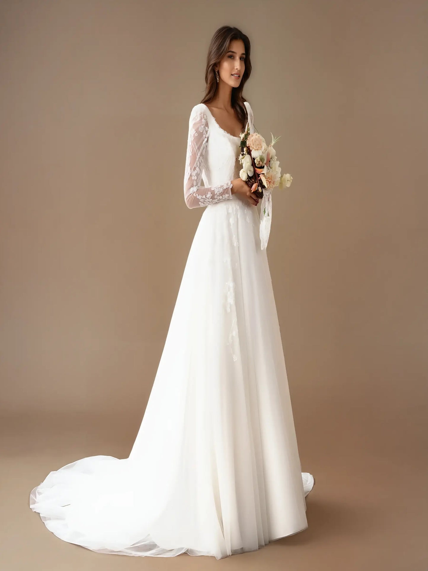 Rosalyn Square-Neck Lace Gown