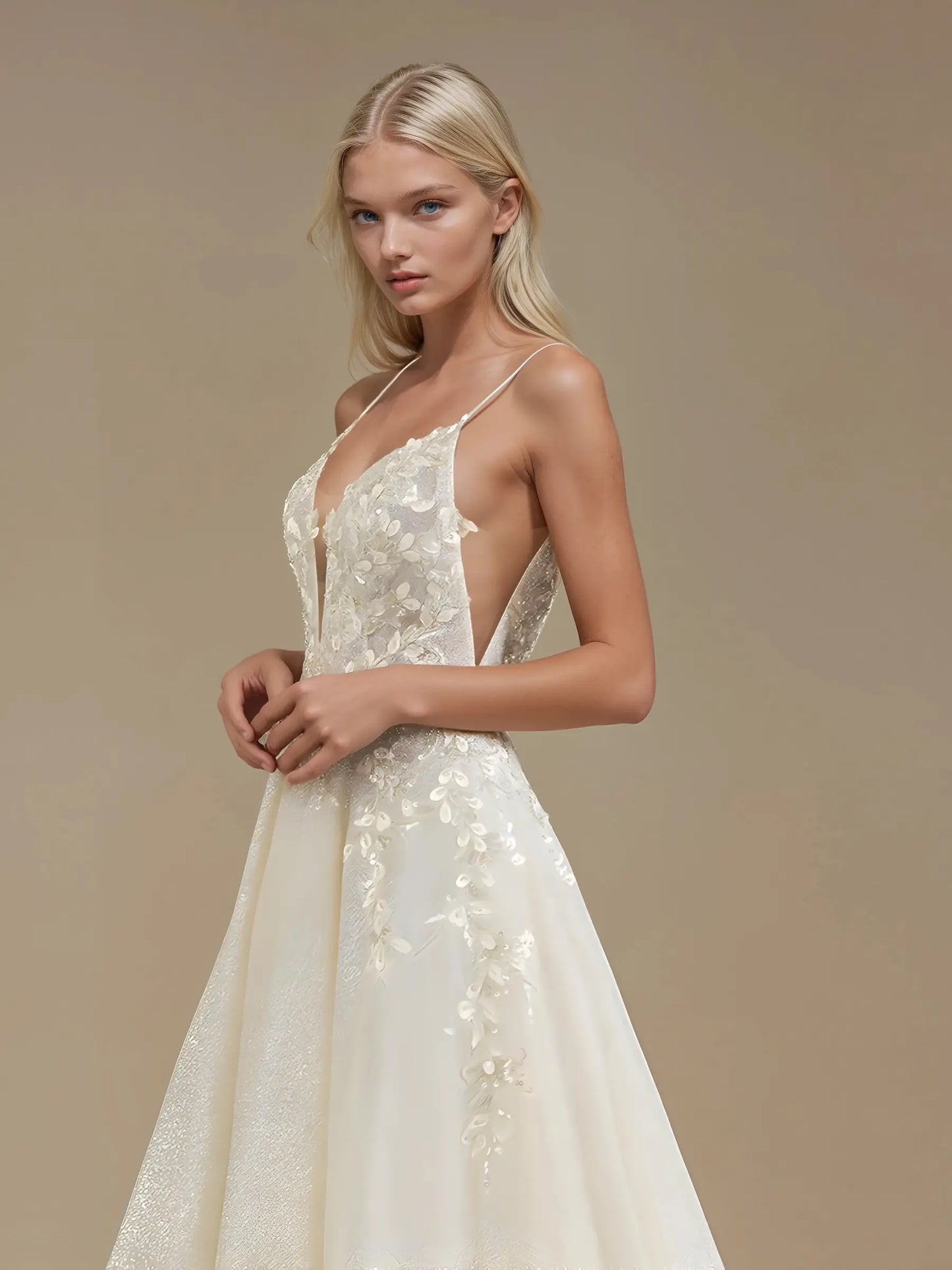 V-Neck A-Line Beaded Wedding Dress with Court Train