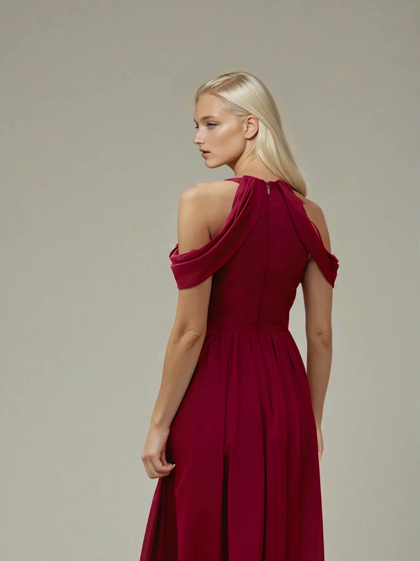 Off-Shoulder Chiffon Evening Dress with Built-In Bra