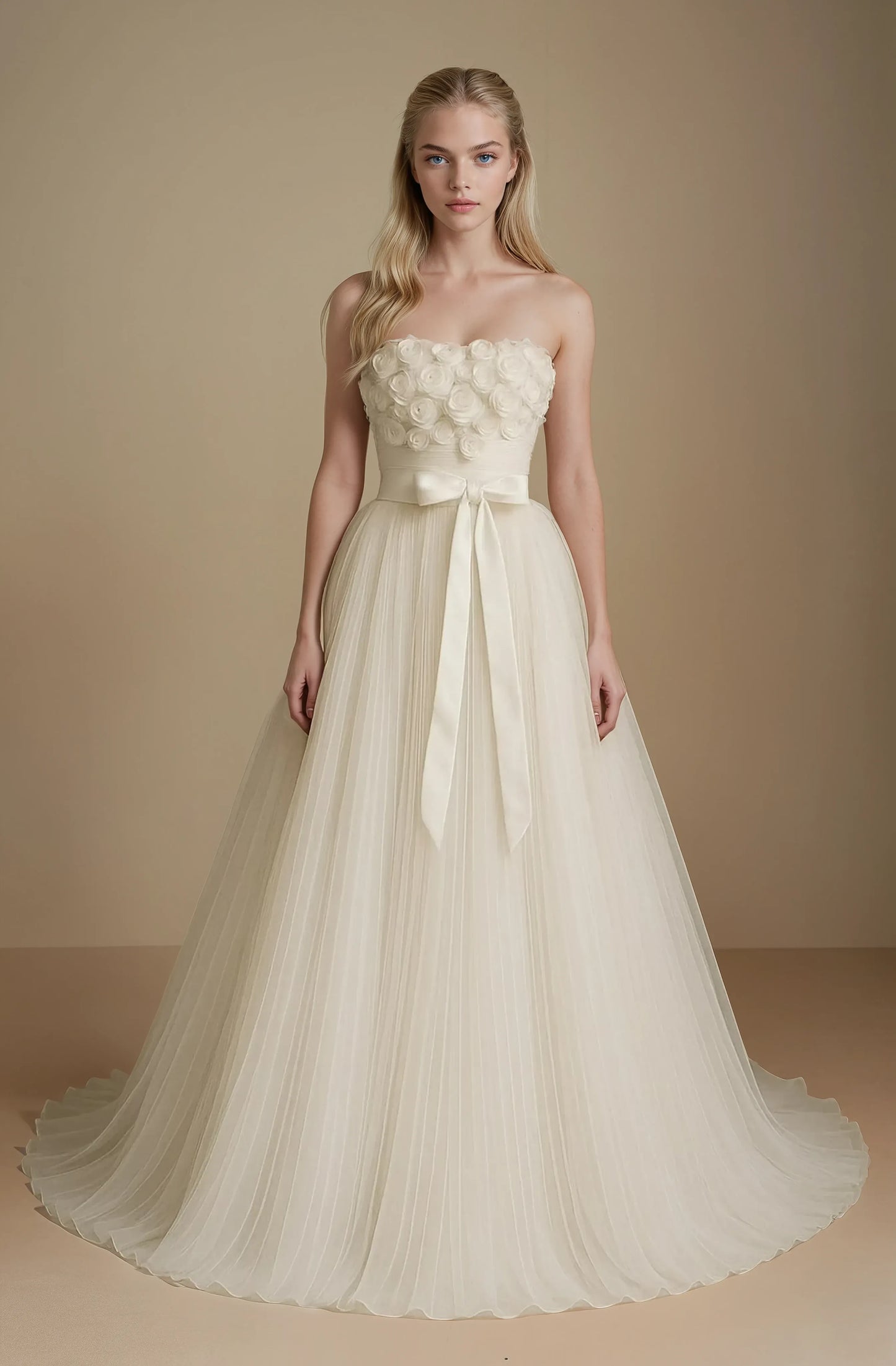 Floral Appliqué Pleated Tulle Gown