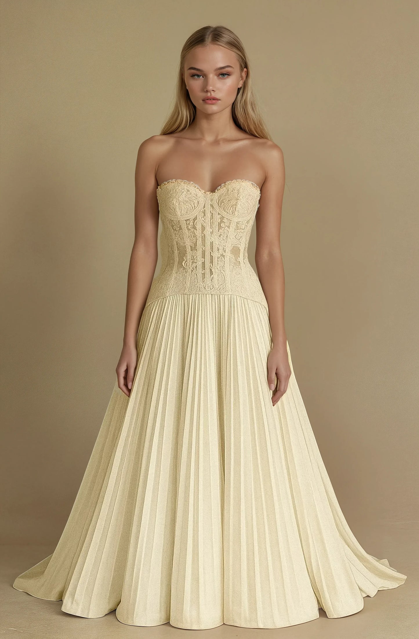 Aurora Pleated Lace Gown