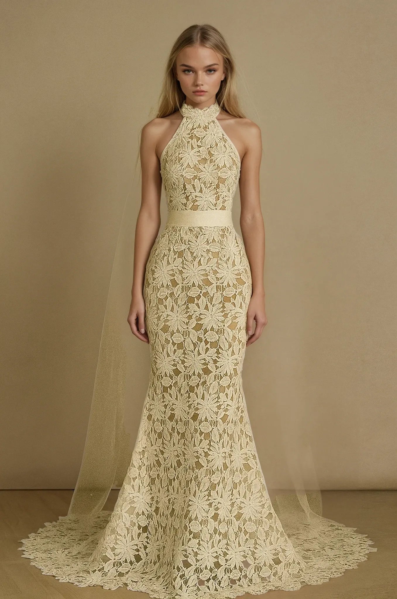 Golden Bloom Lace Gown