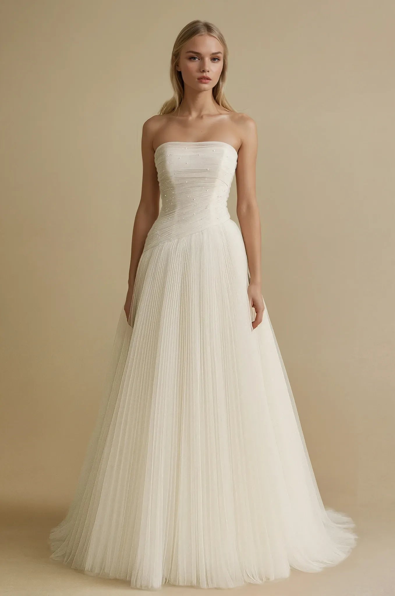 Pearl-Embellished Pleated A-Line Gown
