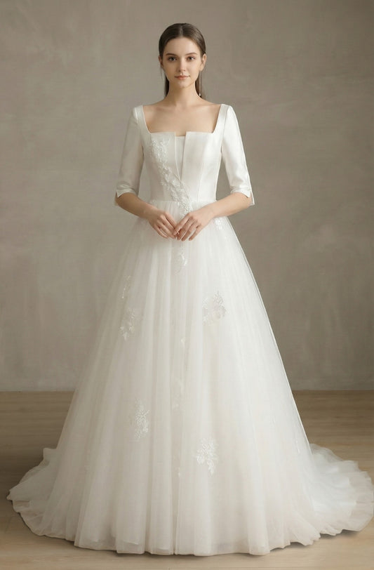 Adelisse Square-Neck Lace Gown
