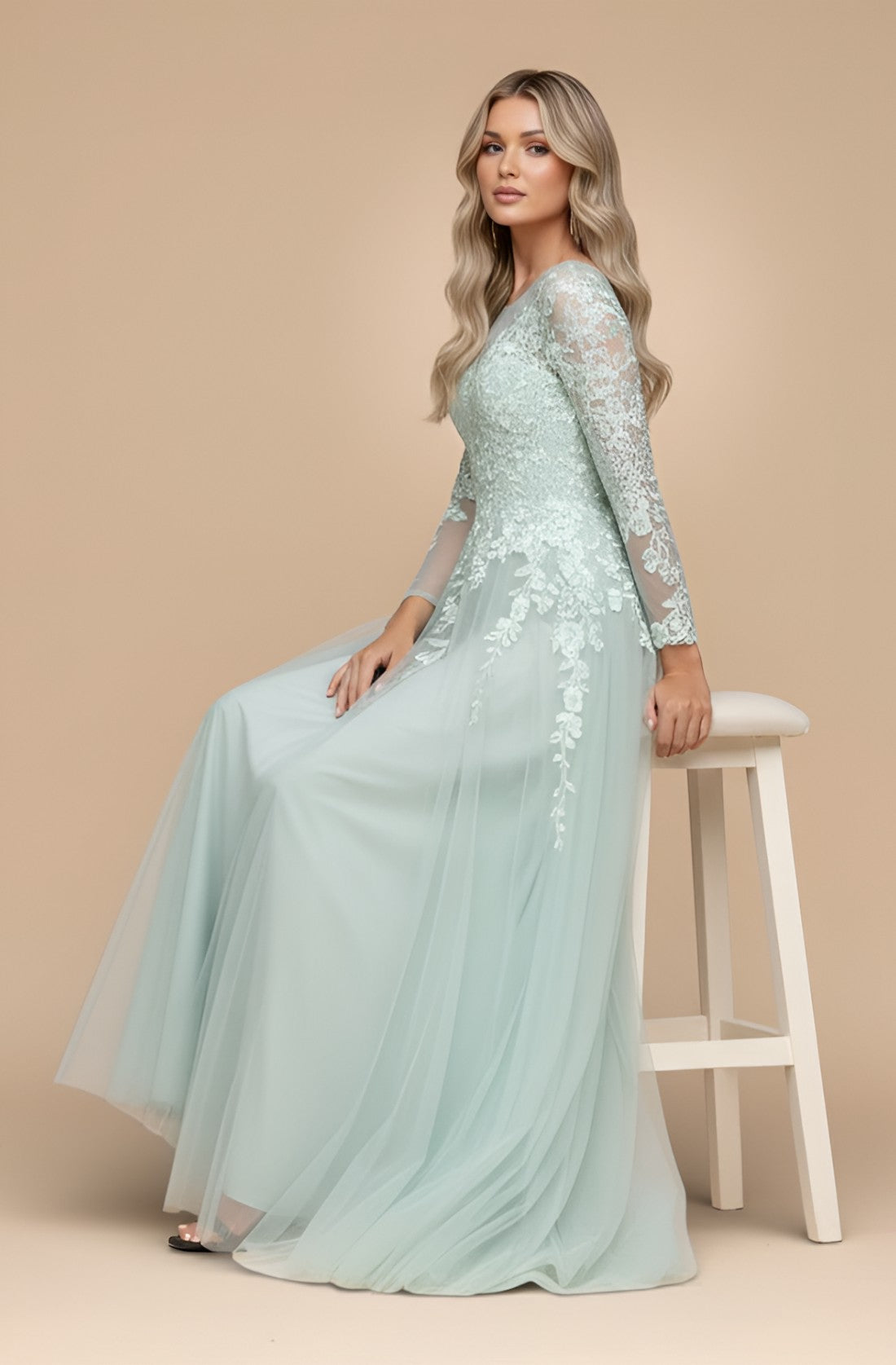 Full-Sleeve Embroidered Evening Dress