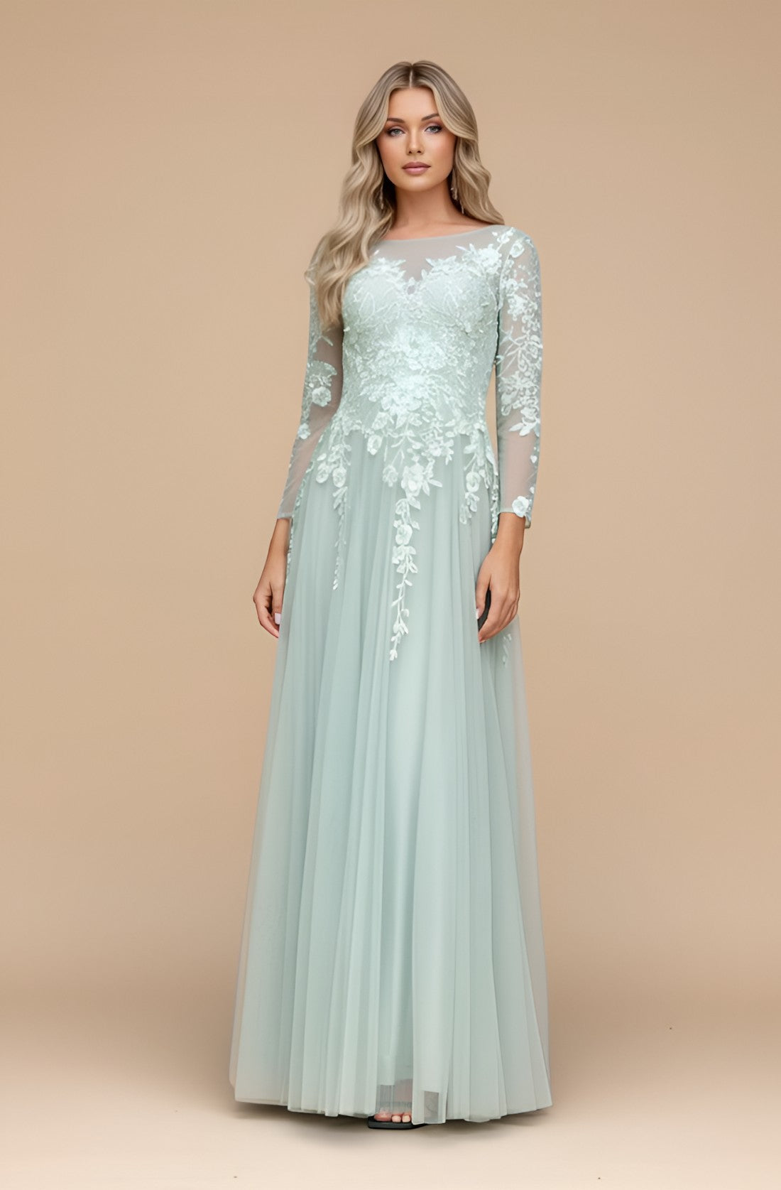 Full-Sleeve Embroidered Evening Dress