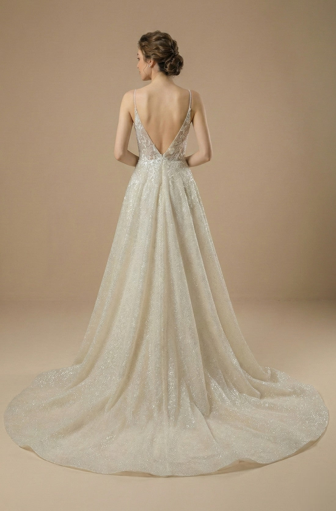 V-Neck A-Line Beaded Dress with Court Train