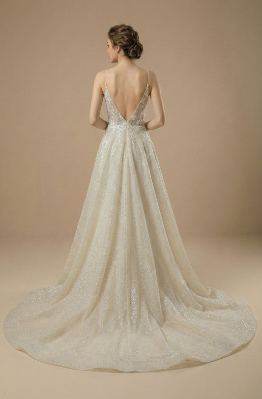 V-Neck A-Line Beaded Dress with Court Train