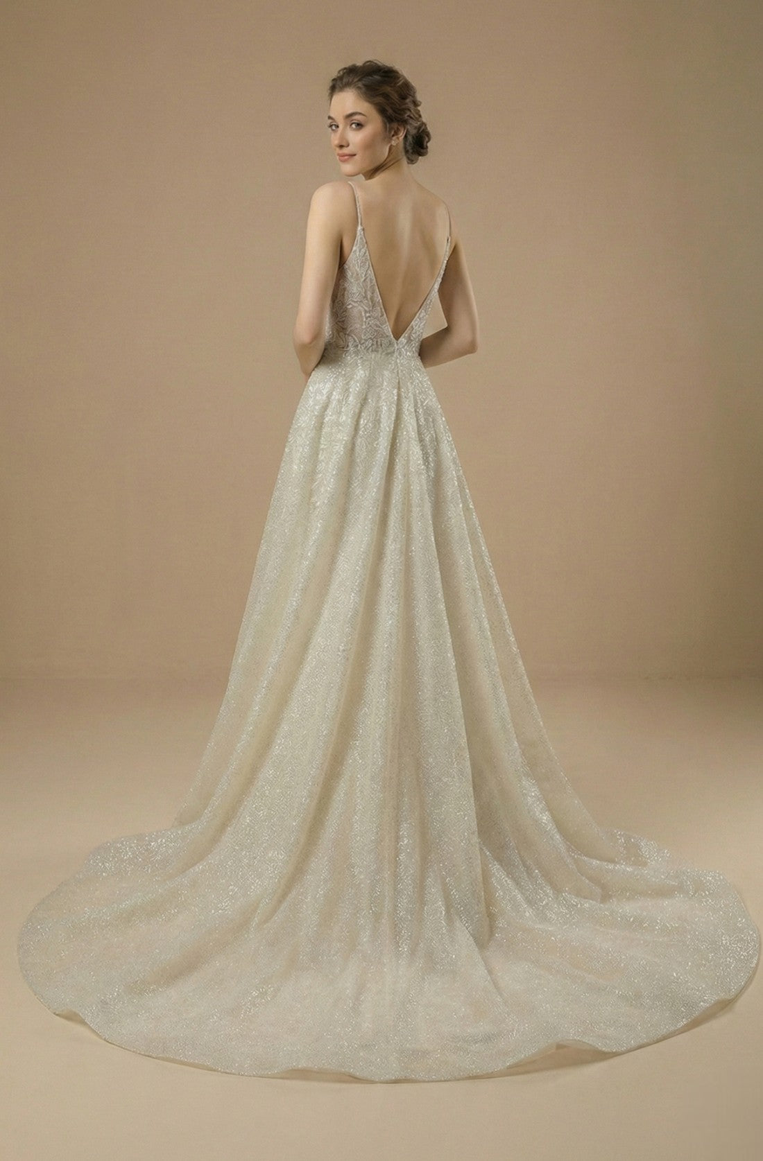 V-Neck A-Line Beaded Dress with Court Train