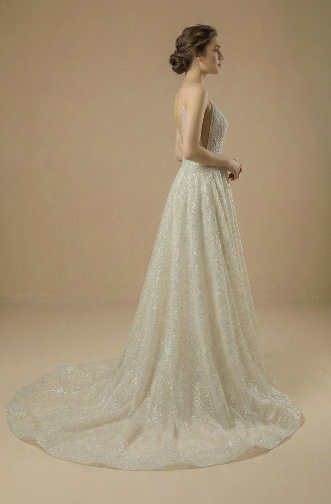 V-Neck A-Line Beaded Dress with Court Train