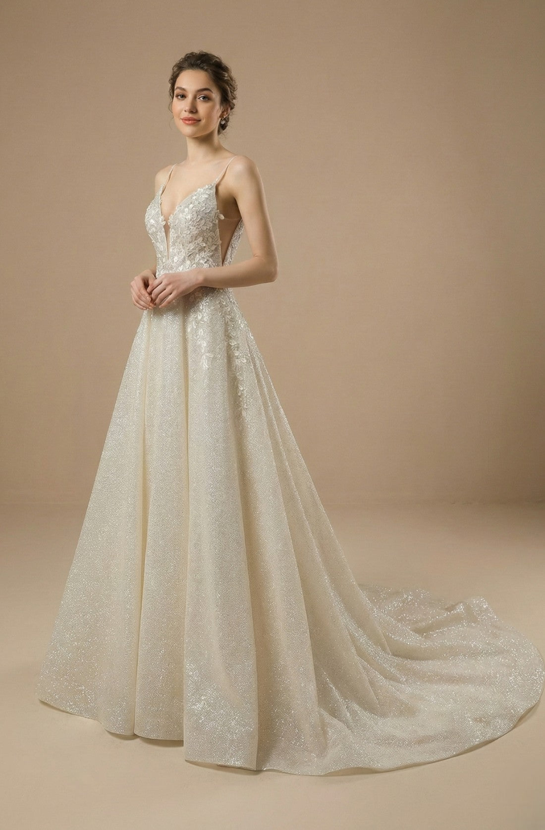 V-Neck A-Line Beaded Dress with Court Train