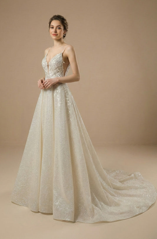 V-Neck A-Line Beaded Dress with Court Train