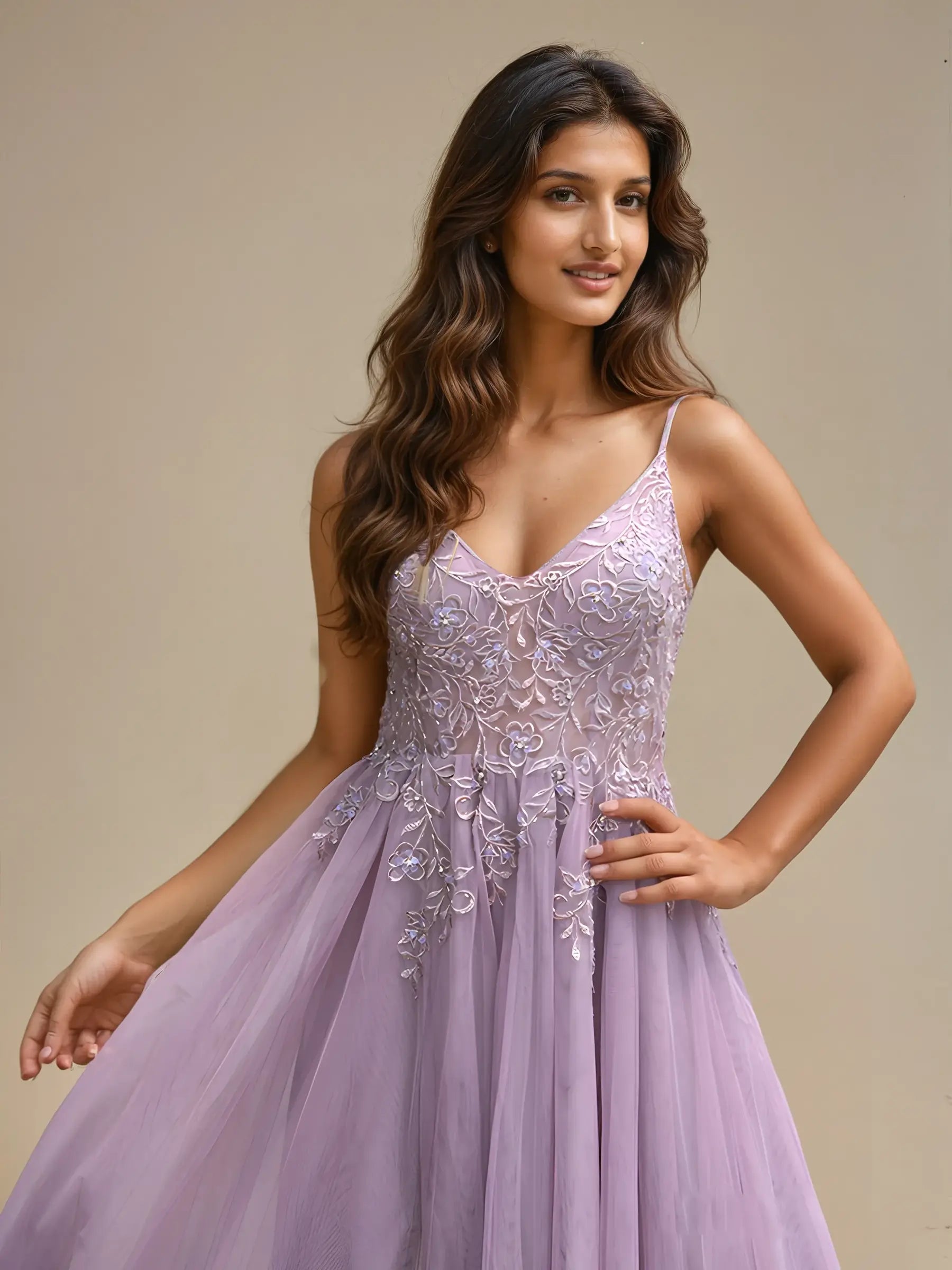 V-Neck A-Line Embroidered Chiffon Evening Dress