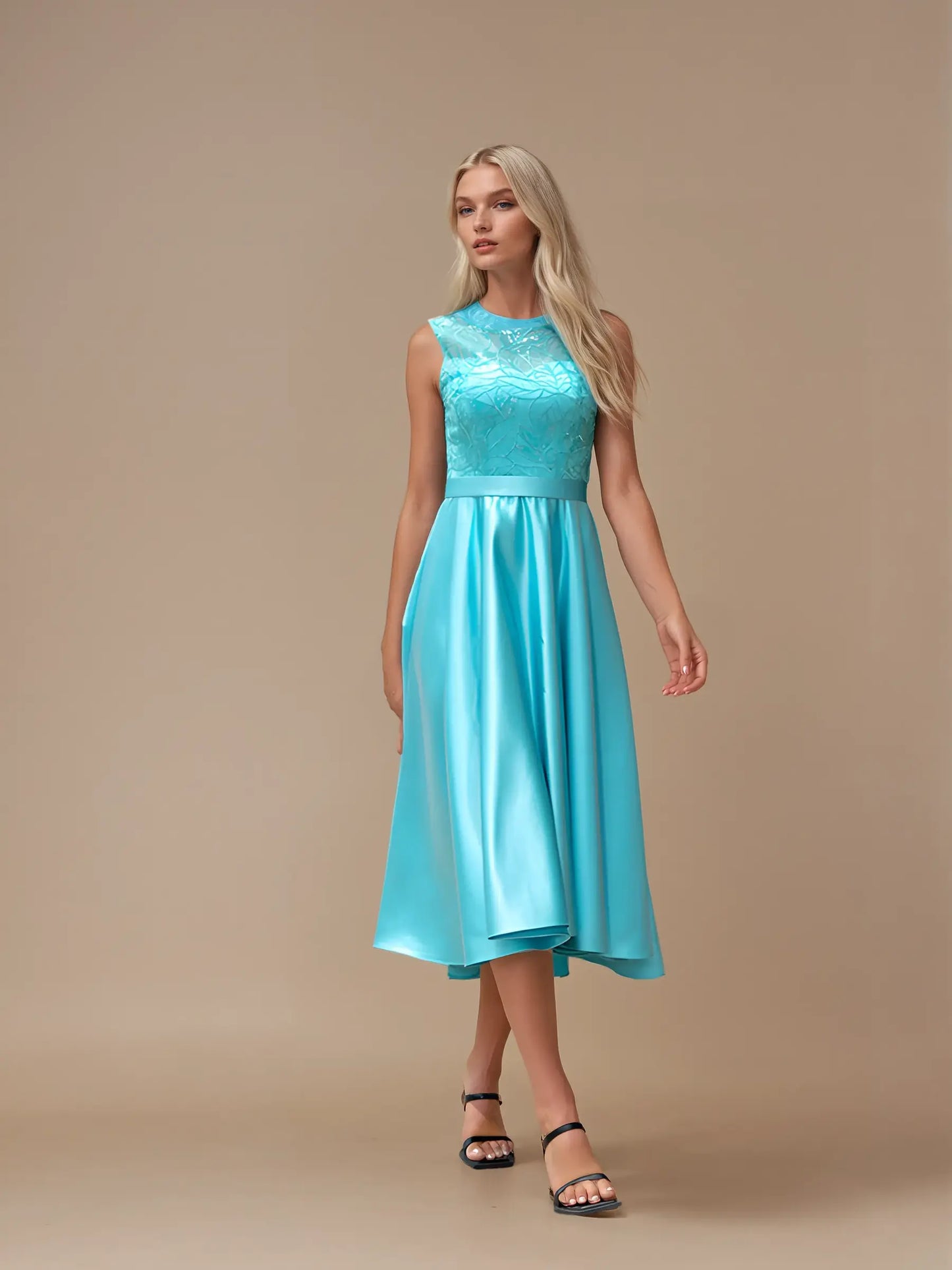 Embroidered Backless Satin Evening Gown