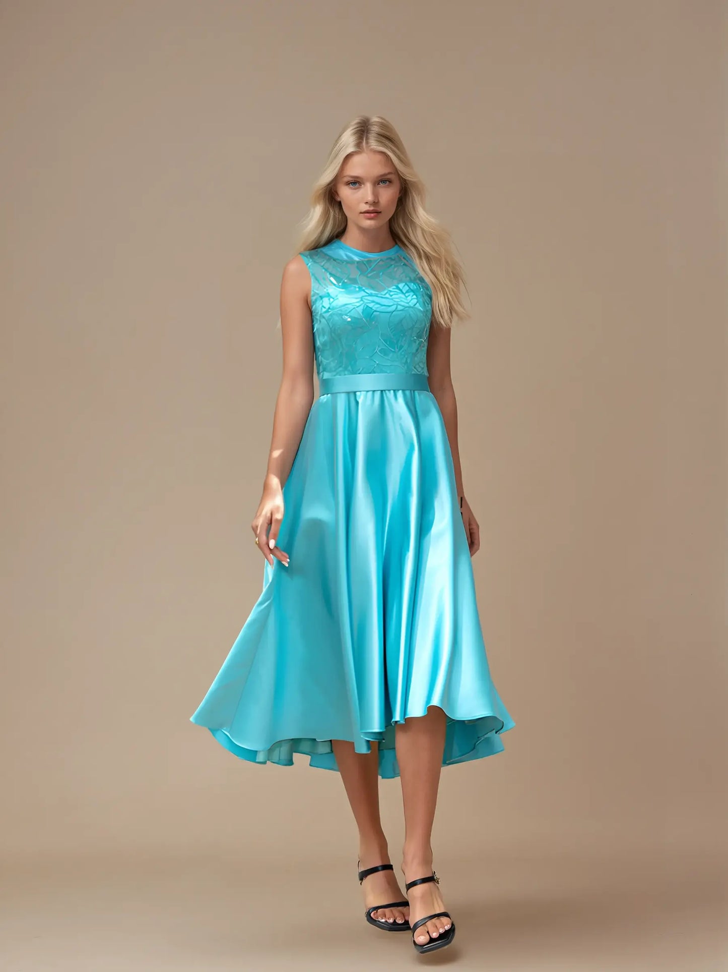 Embroidered Backless Satin Evening Gown