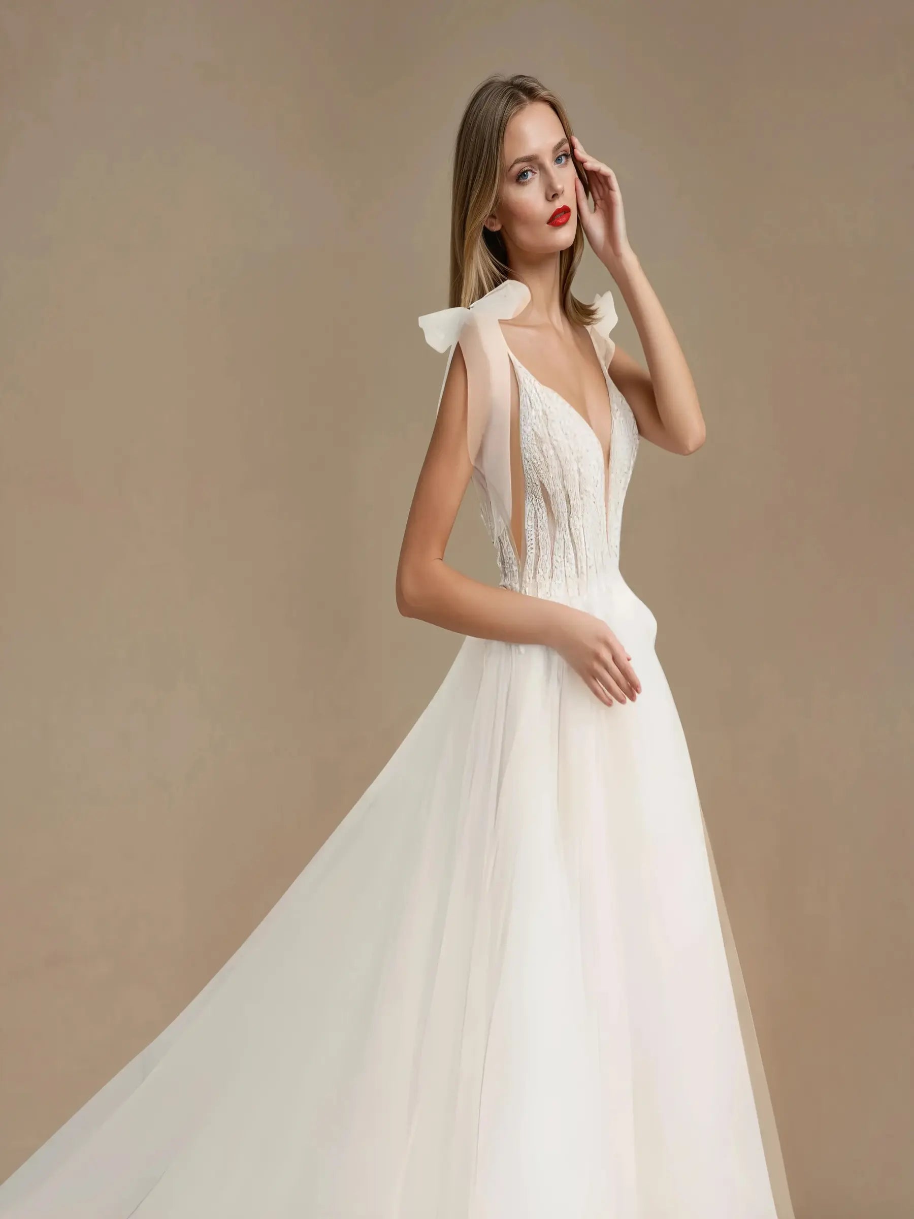 Evelisse Royal Flare-Sleeve Gown