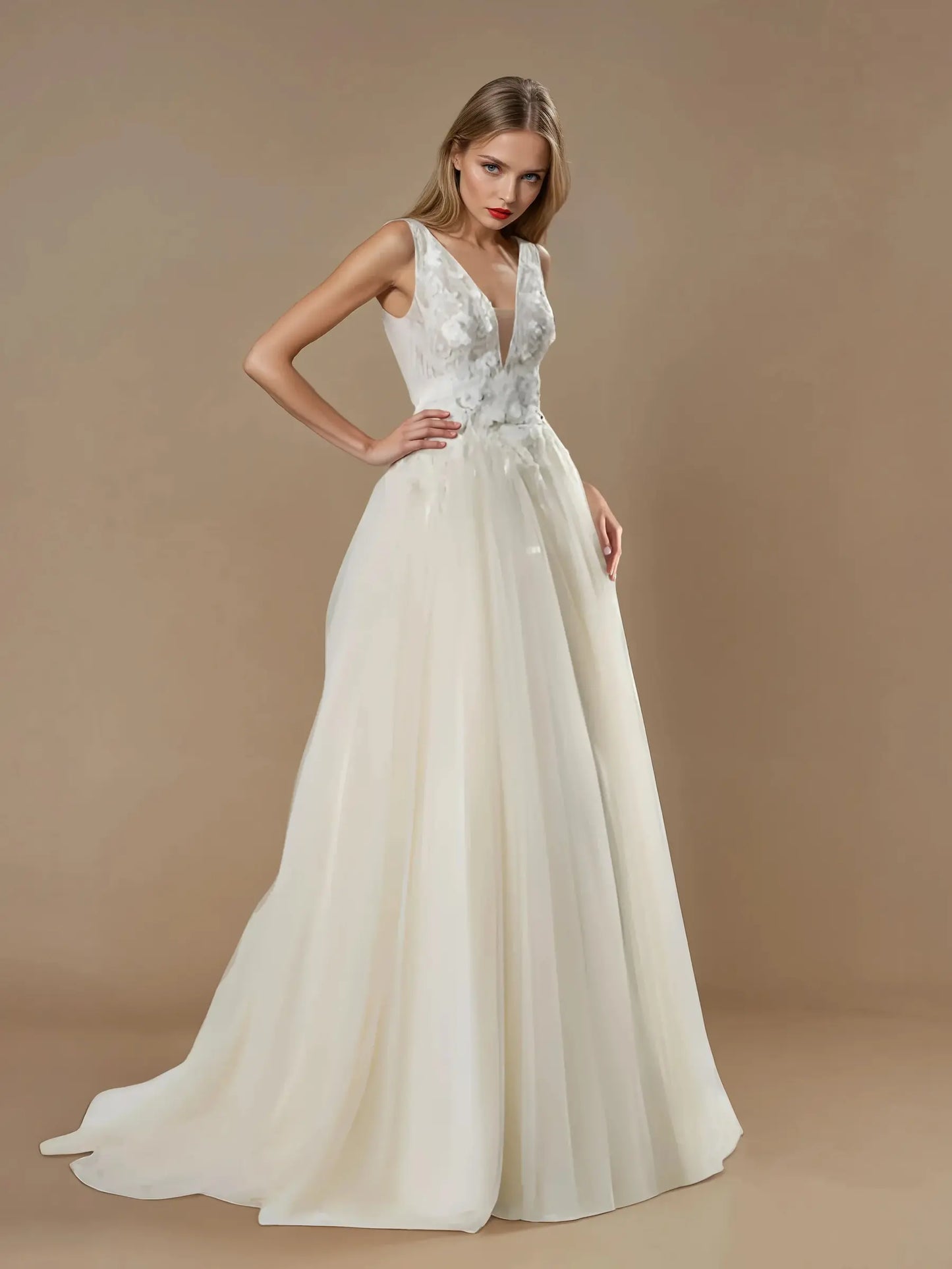V-Neck A-Line Lace Wedding Dress