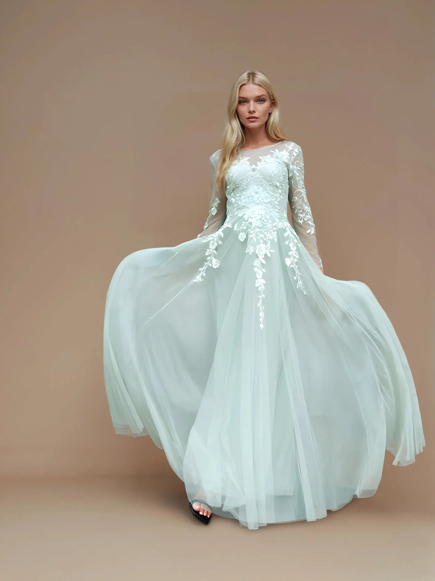 Full-Sleeve Embroidered Evening Dress