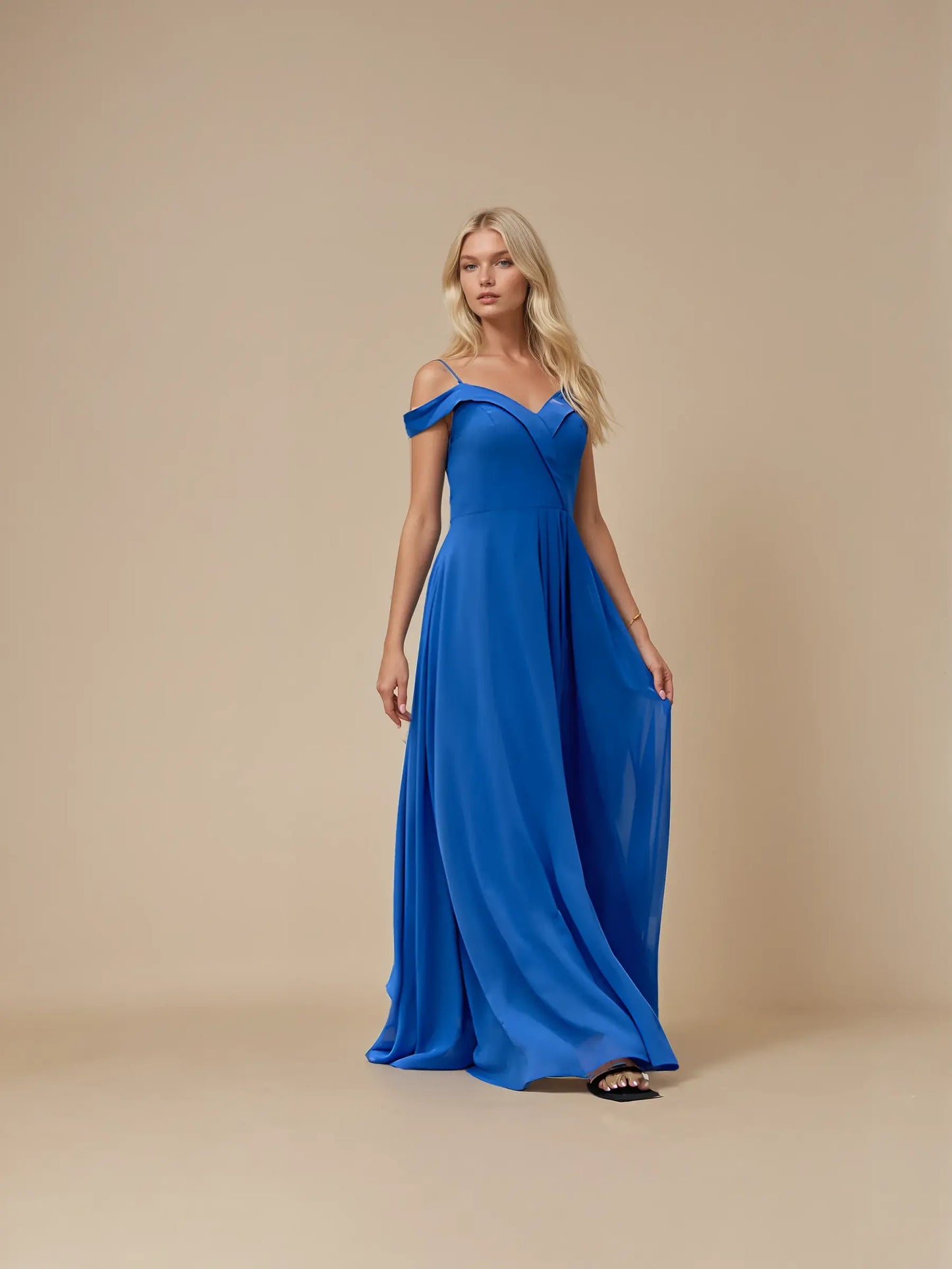 Off-Shoulder V-Neck Chiffon Evening Dress