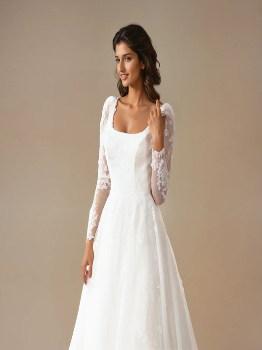 Rosalyn Square-Neck Lace Gown