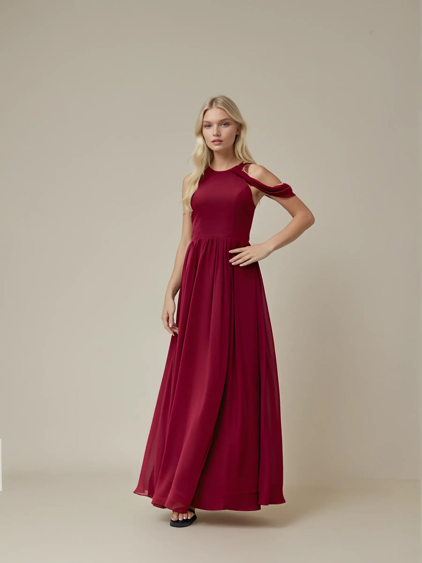 Off-Shoulder Chiffon Evening Dress with Built-In Bra
