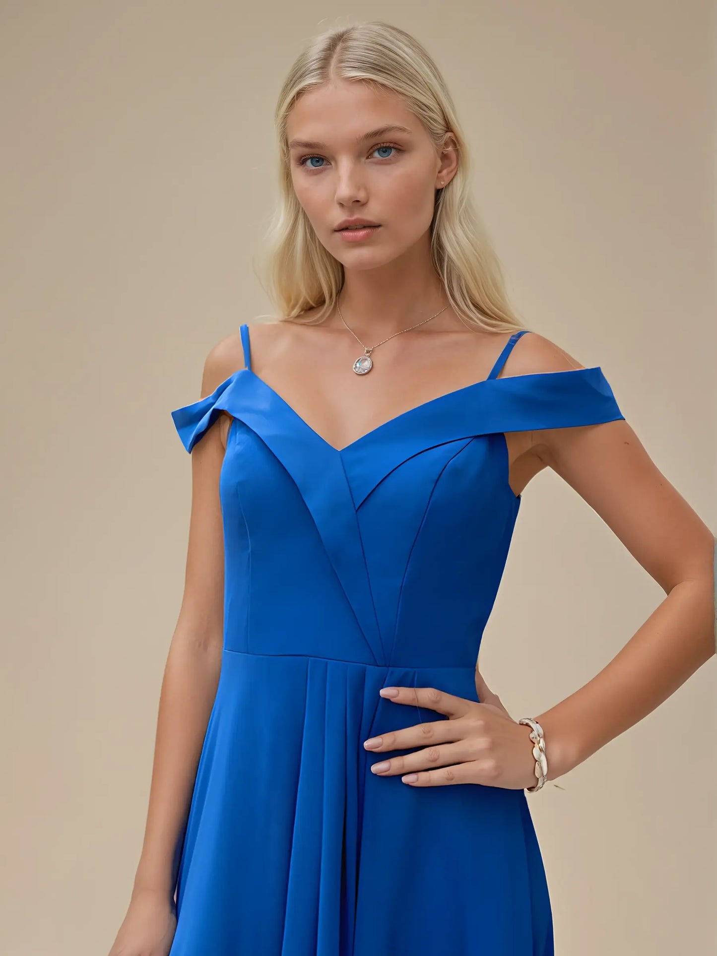 Off-Shoulder V-Neck Chiffon Evening Dress