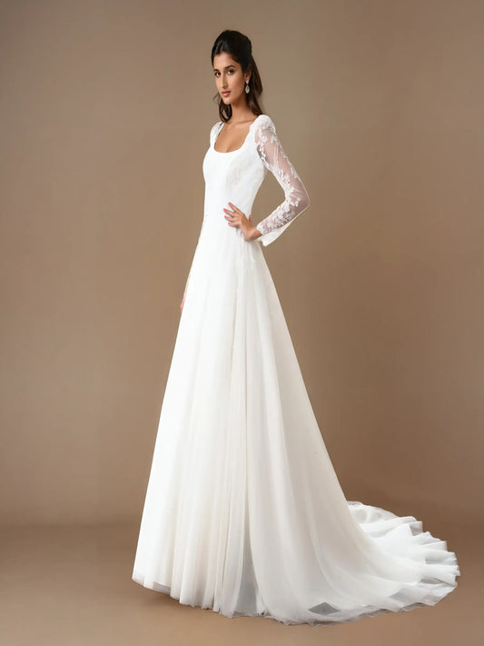 Rosalyn Square-Neck Lace Gown