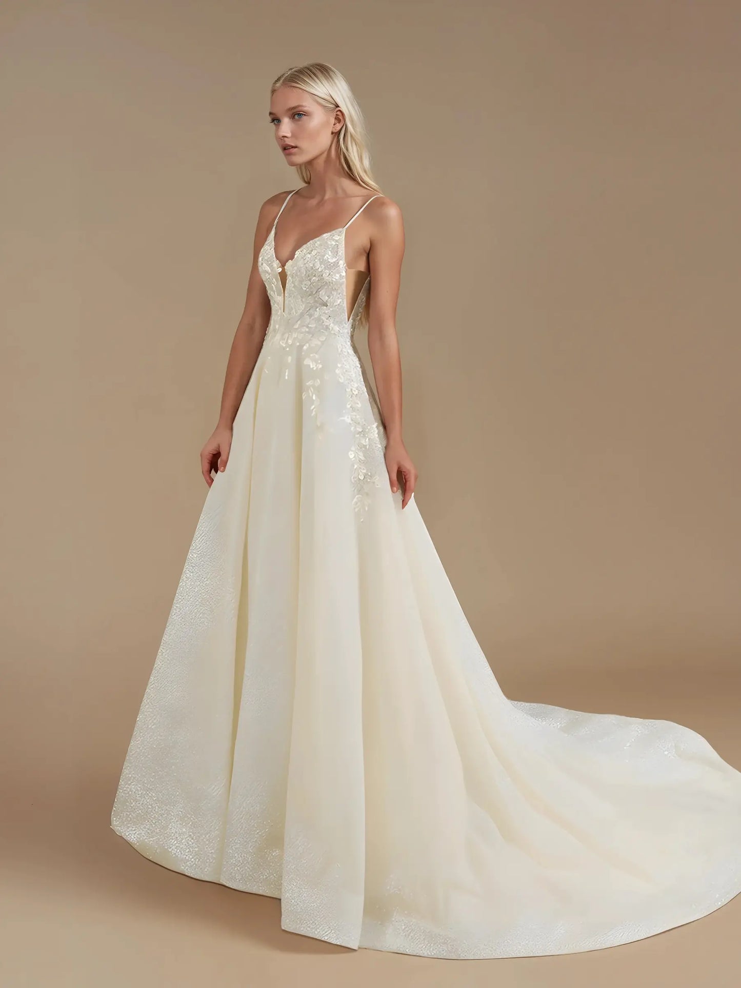 V-Neck A-Line Beaded Wedding Dress with Court Train