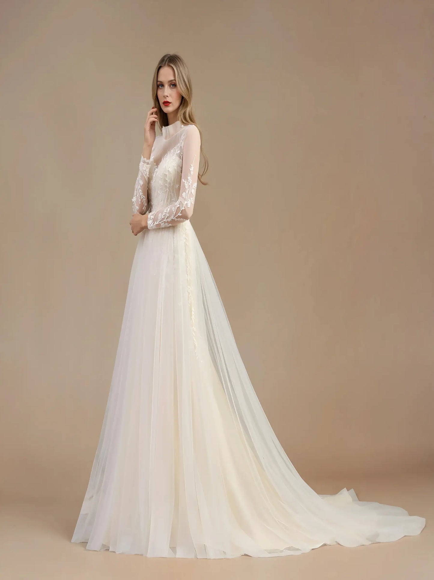 Lucienne High-Neck Lace Gown