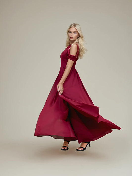 Off-Shoulder Chiffon Evening Dress with Built-In Bra