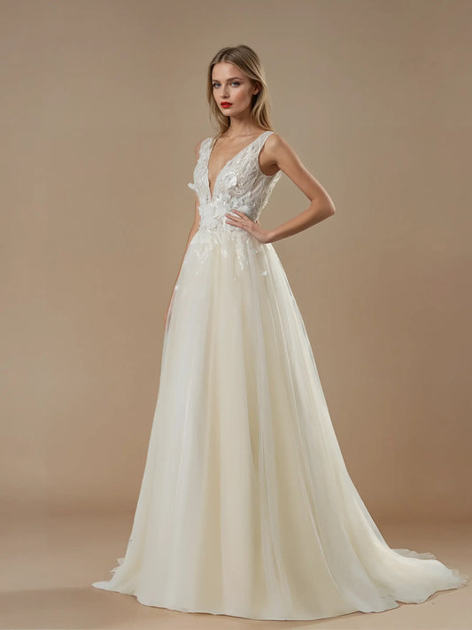 V-Neck A-Line Lace Wedding Dress