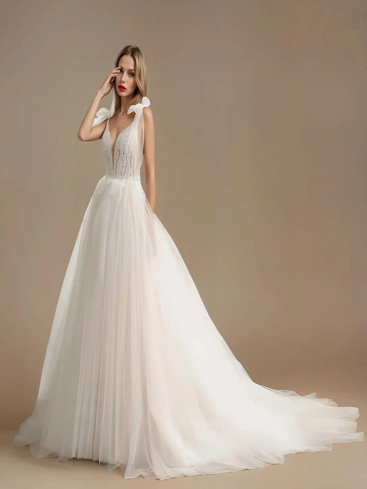 Evelisse Royal Flare-Sleeve Gown