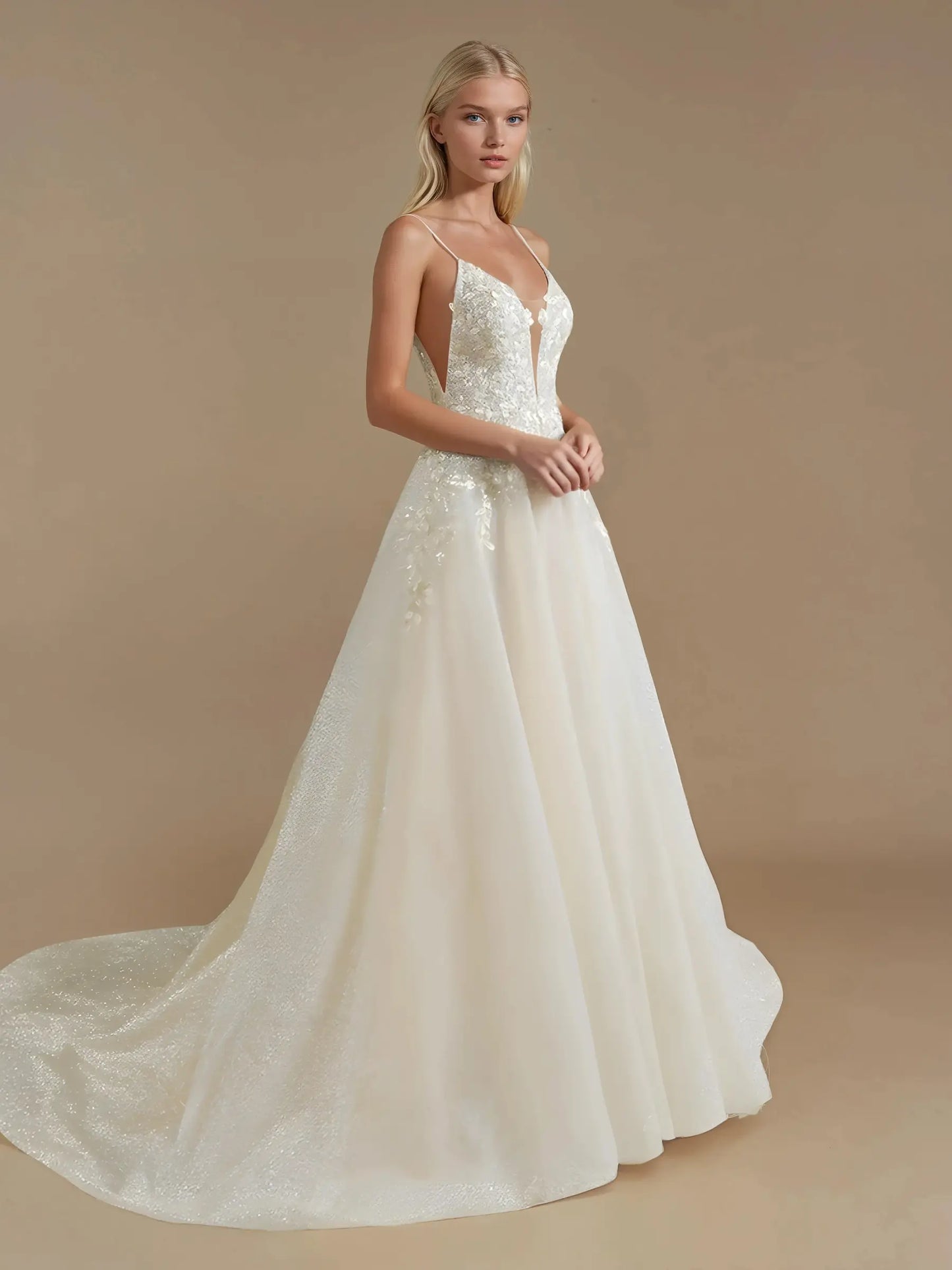 V-Neck A-Line Beaded Wedding Dress with Court Train