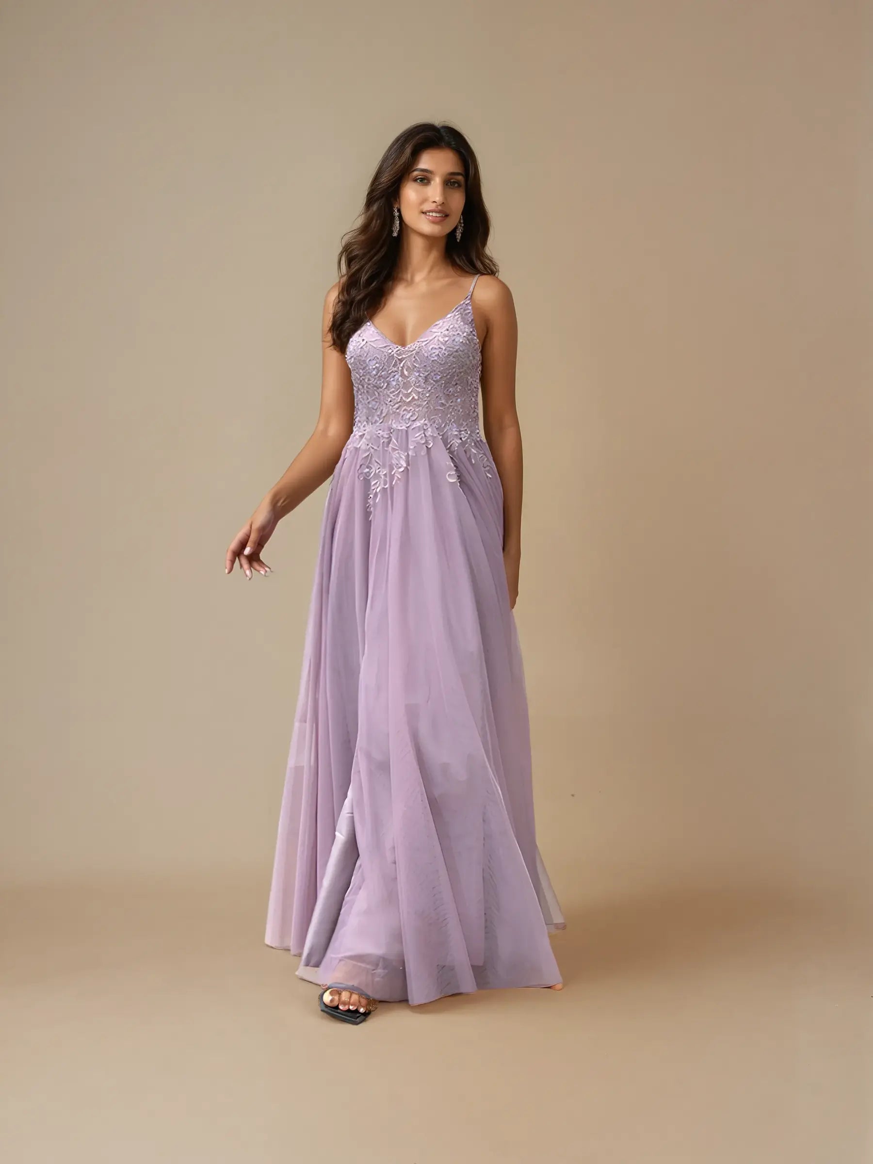 V-Neck A-Line Embroidered Chiffon Evening Dress