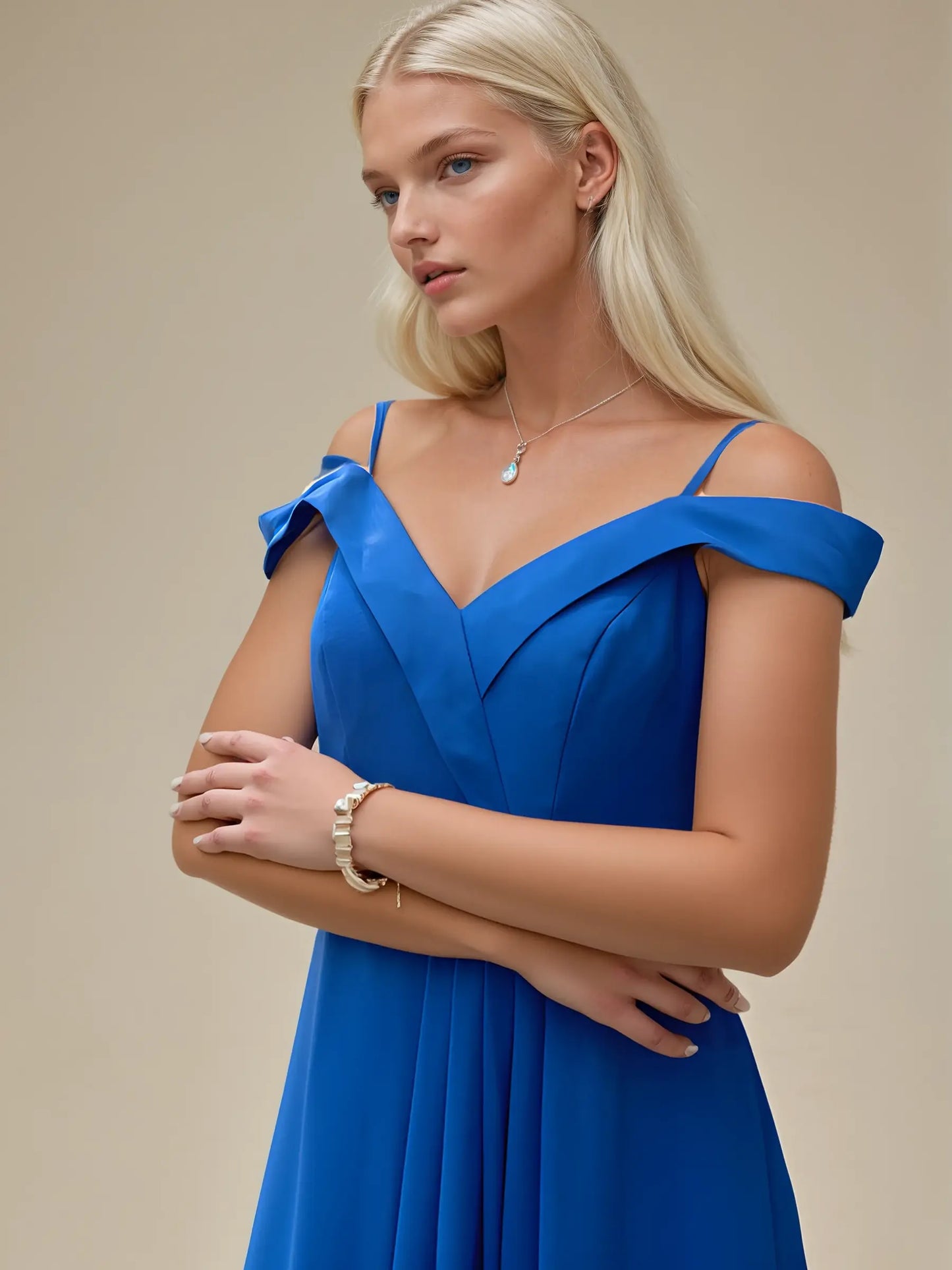 Off-Shoulder V-Neck Chiffon Evening Dress
