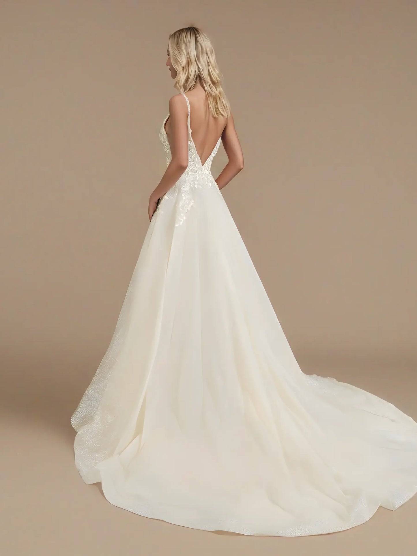 V-Neck A-Line Beaded Wedding Dress with Court Train