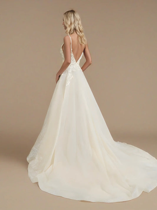 V-Neck A-Line Beaded Wedding Dress with Court Train