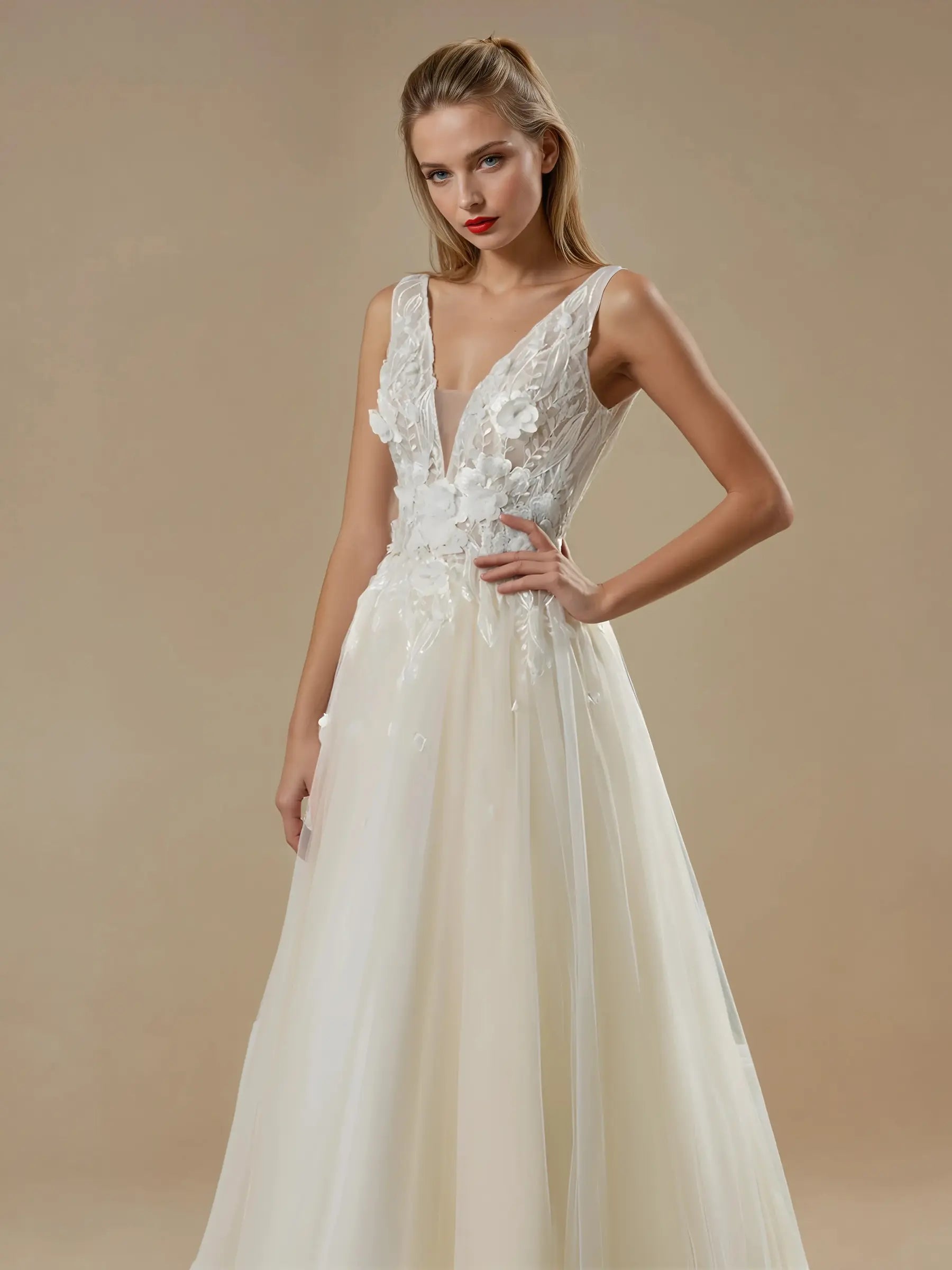 V-Neck A-Line Lace Wedding Dress