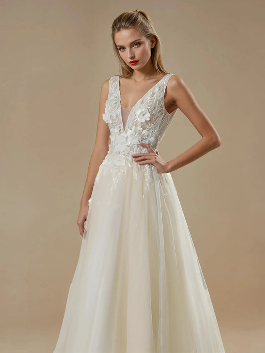 V-Neck A-Line Lace Wedding Dress