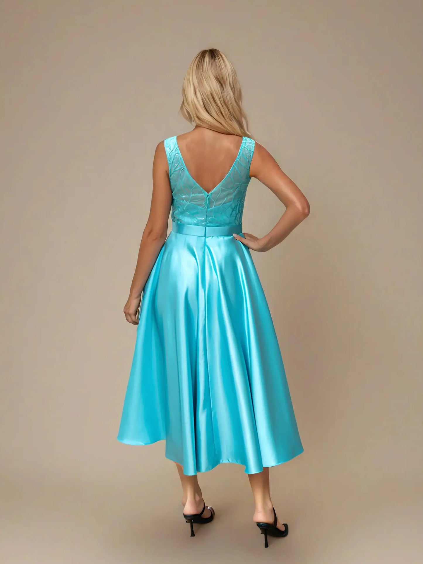 Embroidered Backless Satin Evening Gown