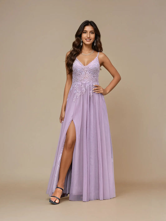 V-Neck A-Line Embroidered Chiffon Evening Dress