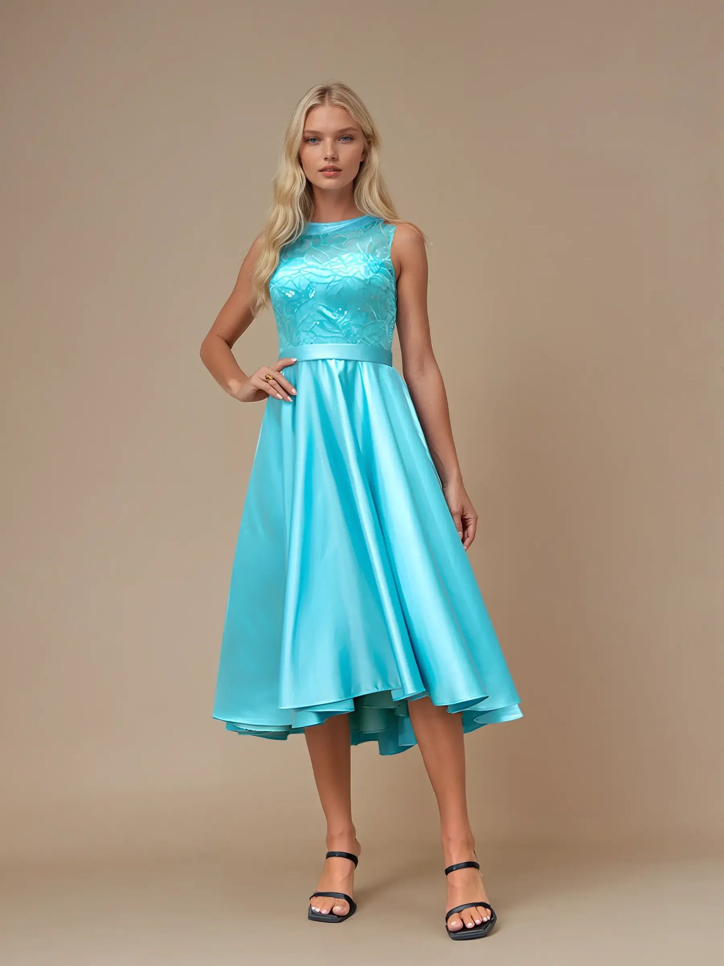 Embroidered Backless Satin Evening Gown