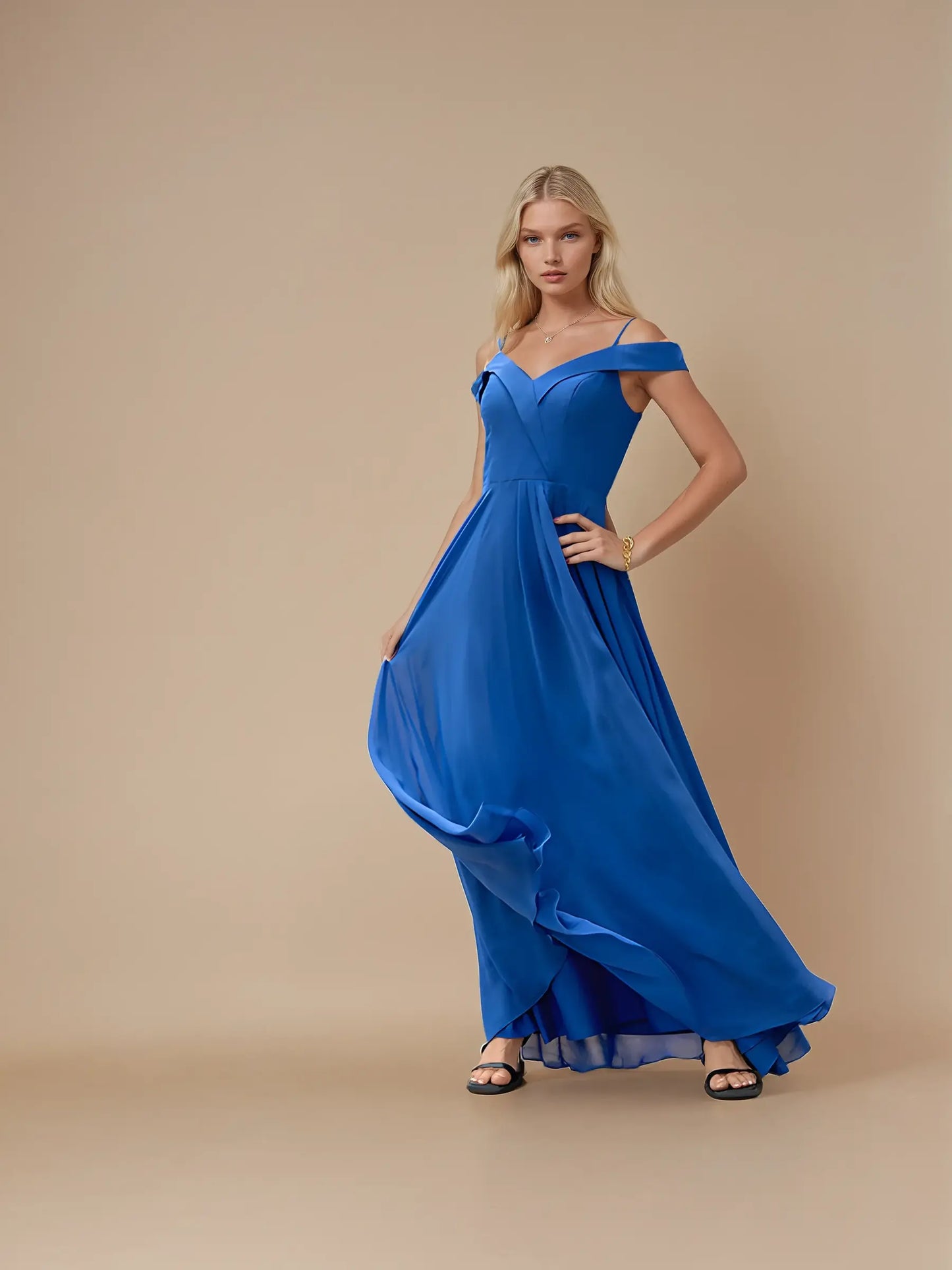 Off-Shoulder V-Neck Chiffon Evening Dress