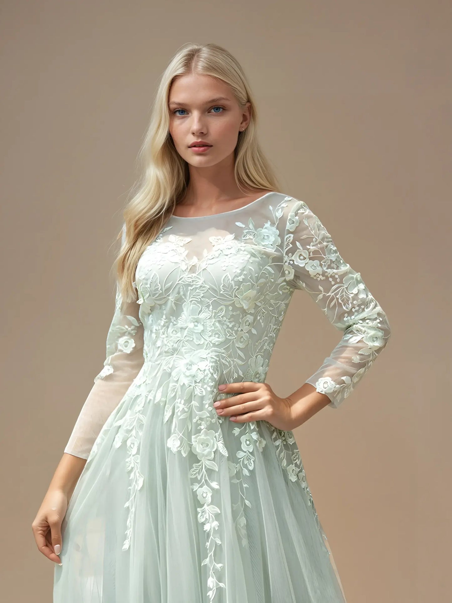 Full-Sleeve Embroidered Evening Dress