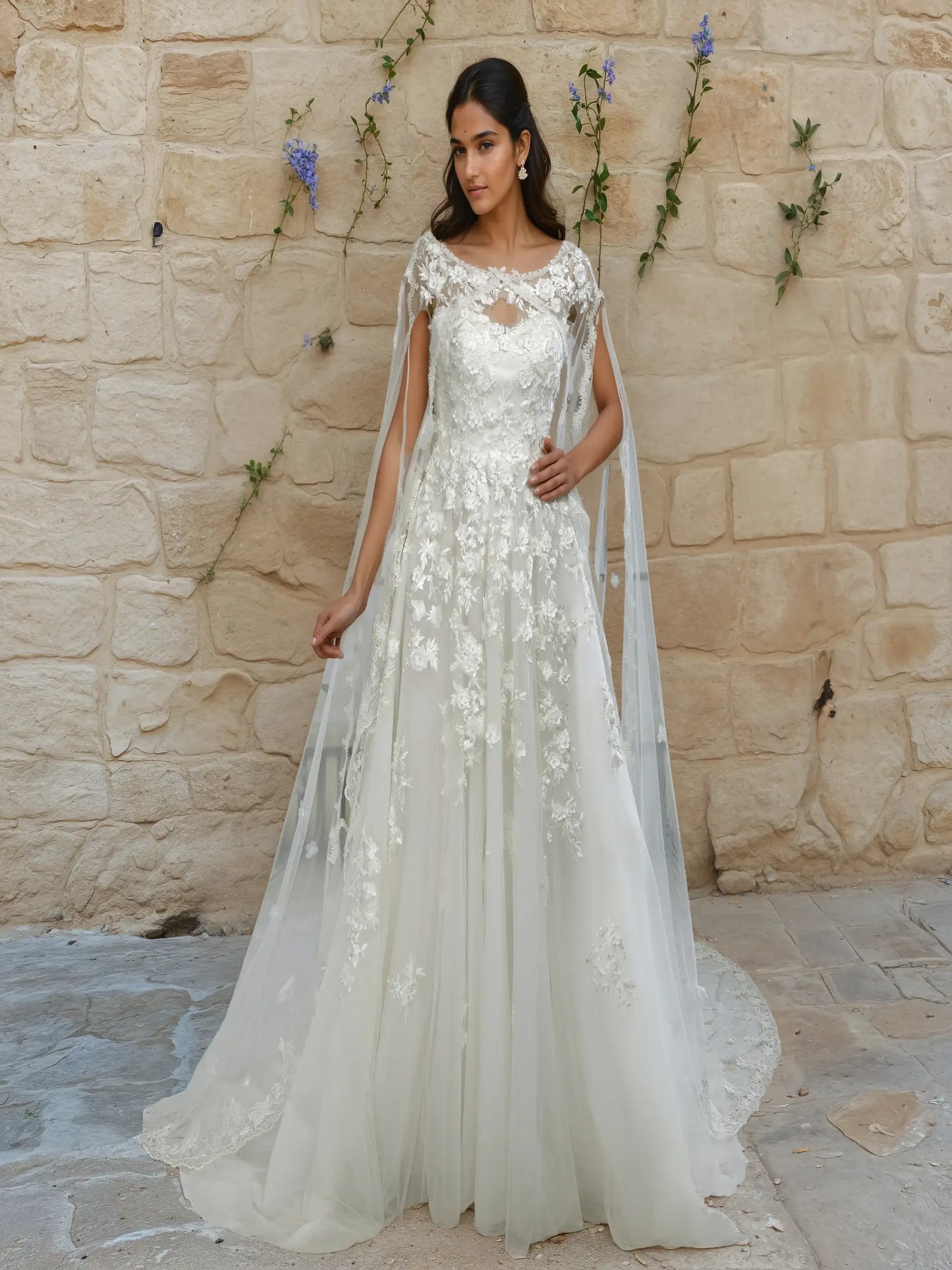 Lunara Cape Lace A-Line Gown