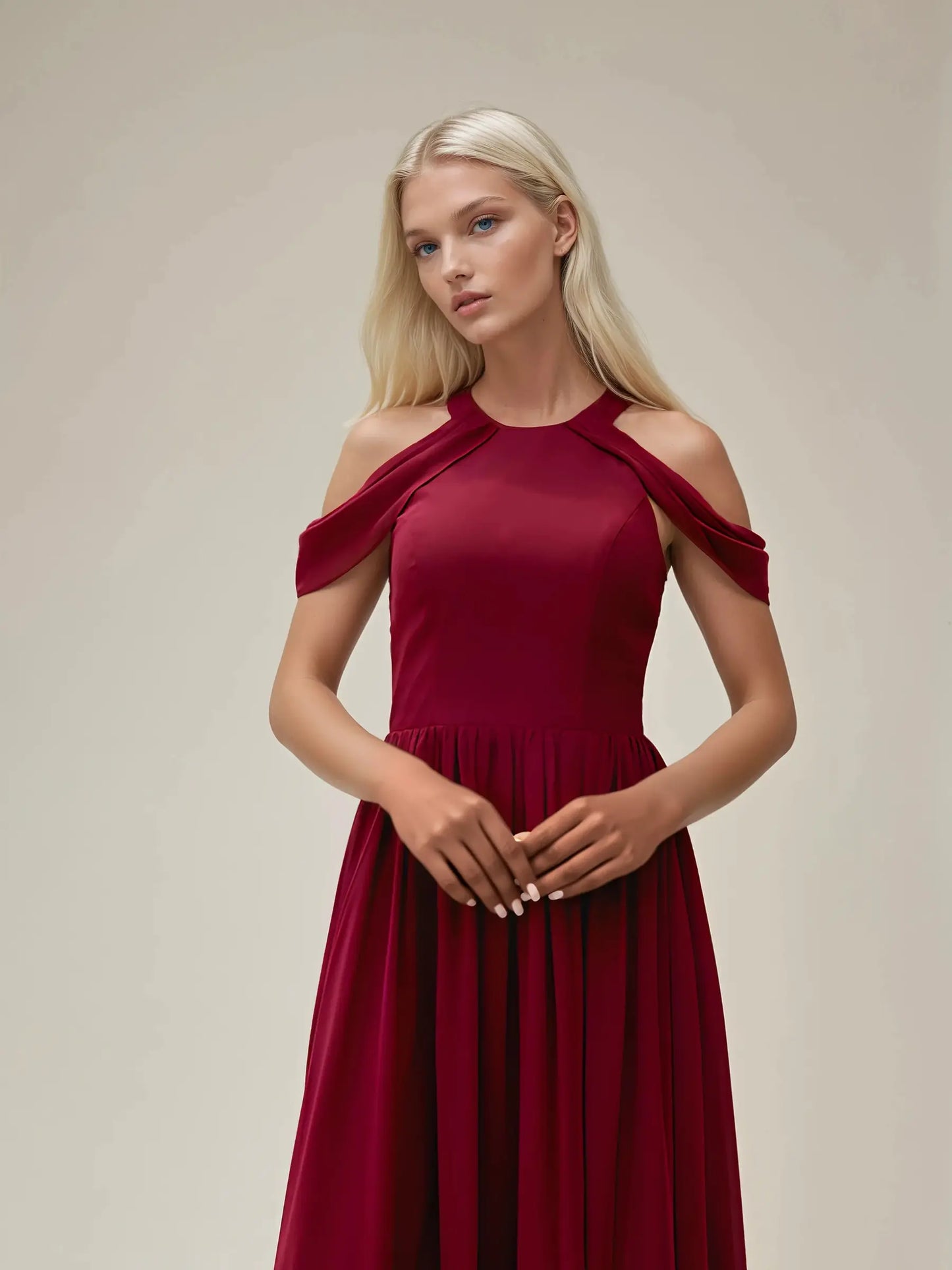 Off-Shoulder Chiffon Evening Dress with Built-In Bra