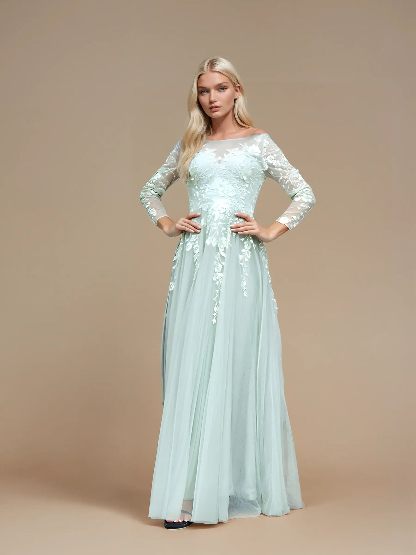 Full-Sleeve Embroidered Evening Dress