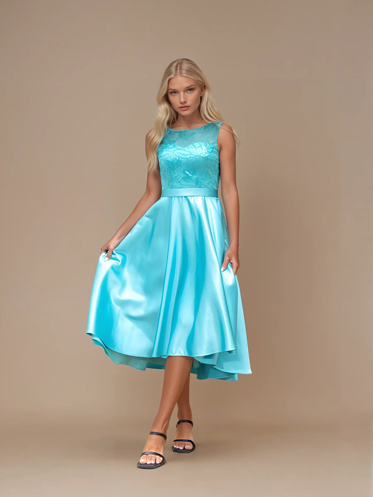 Embroidered Backless Satin Evening Gown